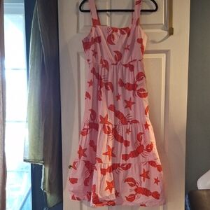 J.Crew Pink and Red Lobster Starfish Print Tiered Midi Dress with Pockets 10
